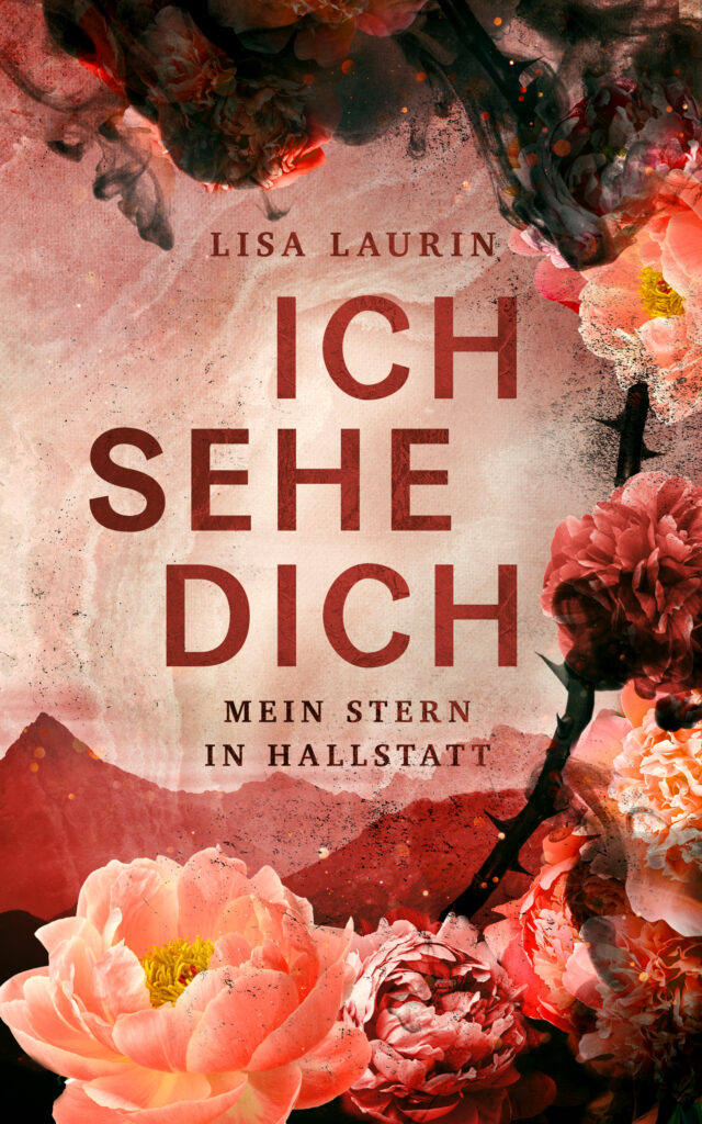 rotes Buch mit Blumen, Dornen und roten Bergsilhouetten im Hintergrund