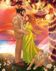 Ein paar steht in einem hellbraunen Anzug und einem grünen Kleid einander zugewandt vor einem See, Hallstatt im Hintergrund, ein Baum mit Lichtern und weißen, durchsichtigen Stoffbahnen geschmückt steht an der rechtne Seite, ein kleiner, blonder Junge sitzt in einem braunen Anzug mit einem Sternanhänger in der Hand zu ihren Füßen und lächelt