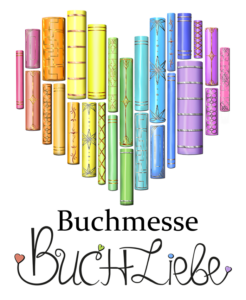 buntes Herz in allen Regenbogenfarben aus Büchern darunter der Schriftzug Buchmesse Buchliebe