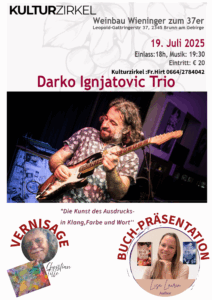 Flyer mit drei Fotos von drei Künstlern, zwei Männer, einer mit Gitarre, einer mit Bart und einem bunten Bild und einer jungen Frau mit ihren beiden Büchern, eines blau, eines rot